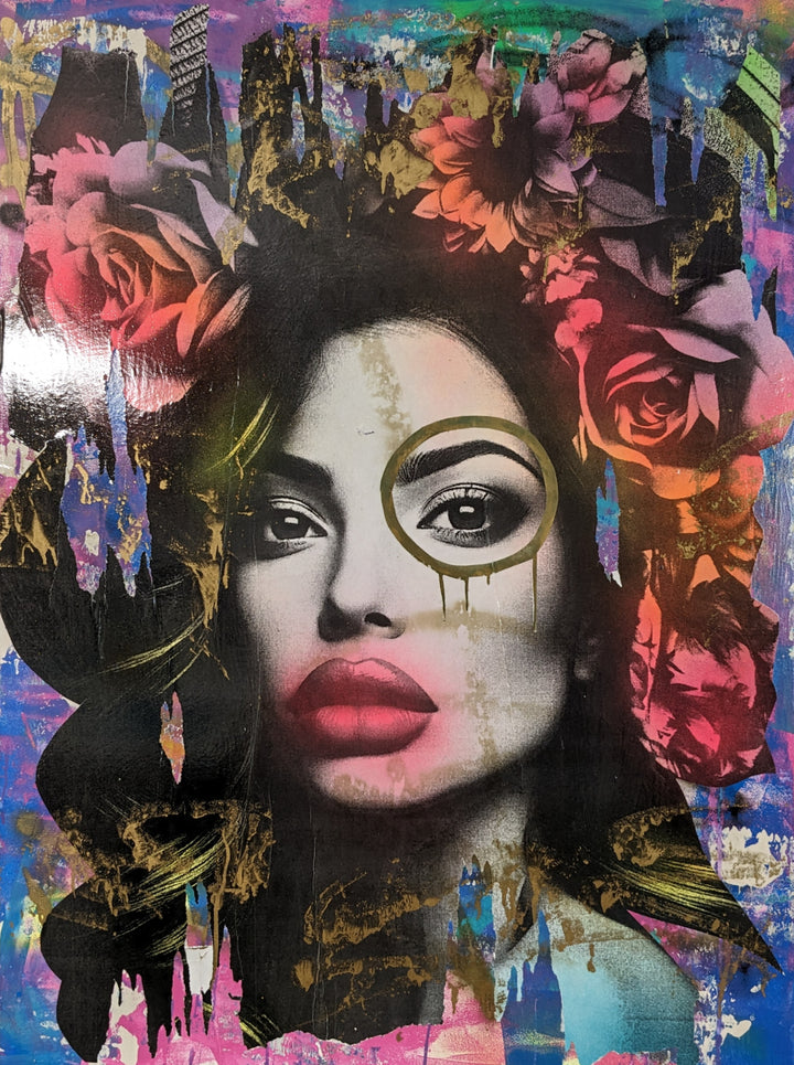 36"W x 48"H Acrylic paint, spray paint, wheat-paste, vintage advertisements, printed fragments on canvas. Woman&