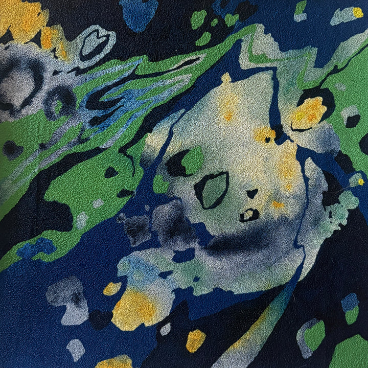 Turbulent by Erin Touey – abstract oil painting on pumice-primed canvas with fluid blue, green, yellow, and white organic shapes