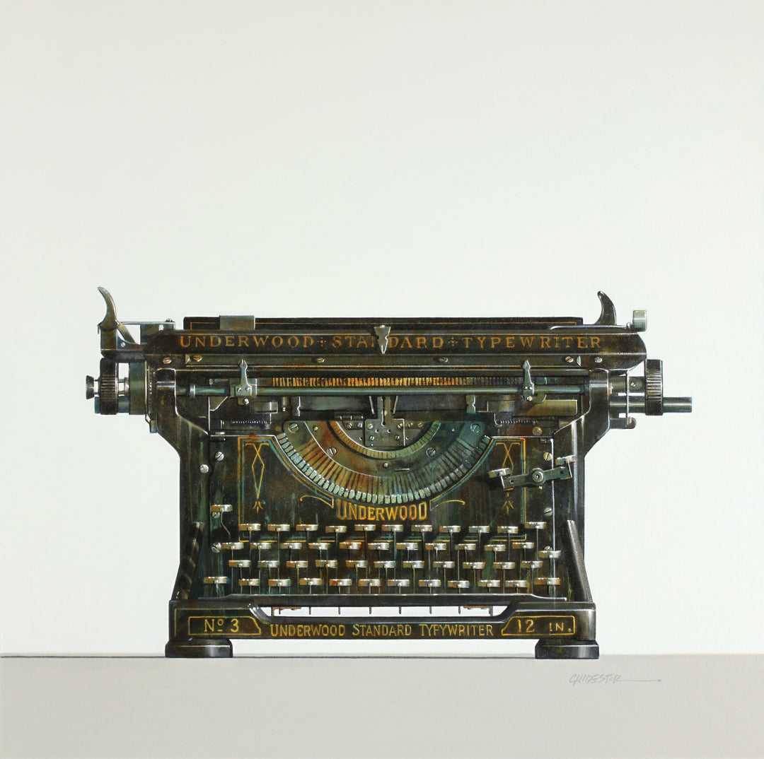 Realistic painting of a vintage Underwood typewriter. 30"x30" oil on canvas. Minimalist off white and grey background.