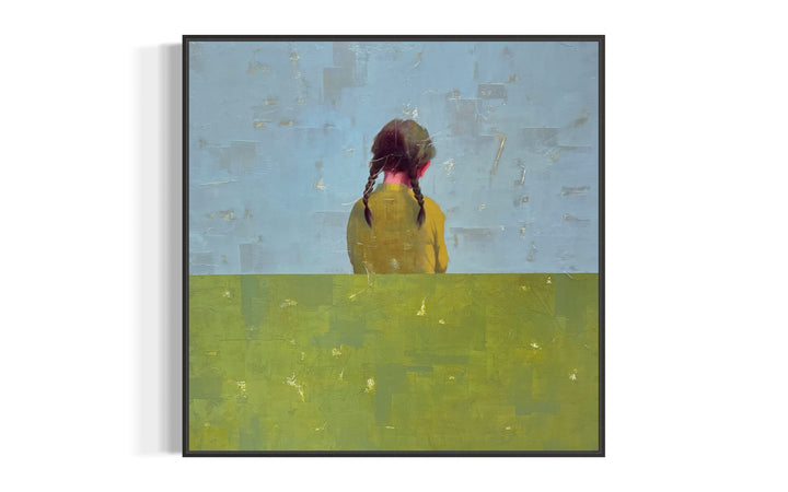 Undefined Time painting by Tomasa Martin, 40" x 40". Oil and acrylic on linen painting of a girl with braids facing away from the viewer, in blue green and yellow.