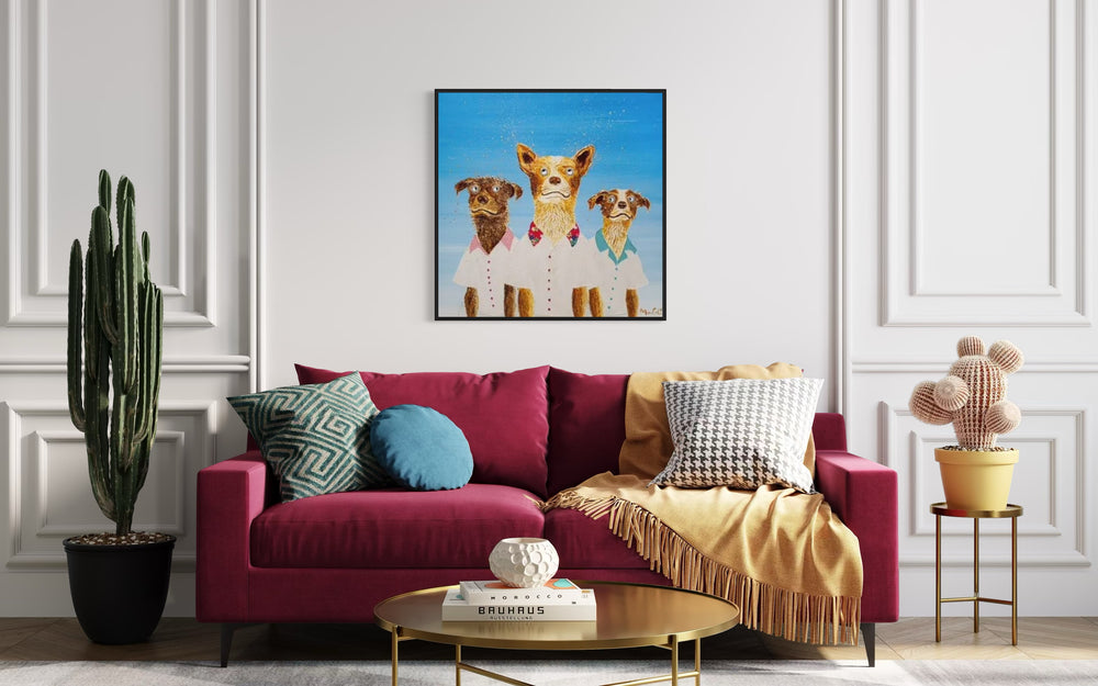 40" x 40" acrylic on canvas painting of three dogs in white shirts over a blue gradient background. 