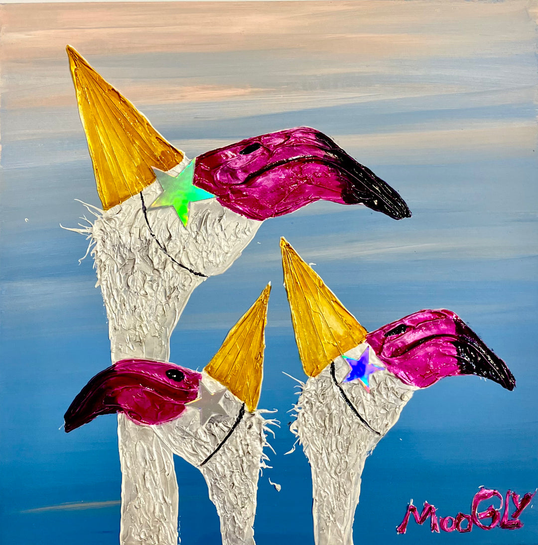 Unlimited by Moogly — semi-abstract humanimal painting of three tall flamingo-like creatures with pointed golden hats and star accents against a blue sky, acrylic, resin and collage on cardboard, 14x14 inches