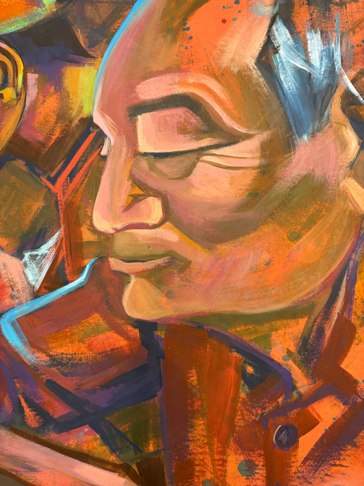 figure prison men eating food in orange jumpsuits cafeteria collage mixed media painting by keith andrews