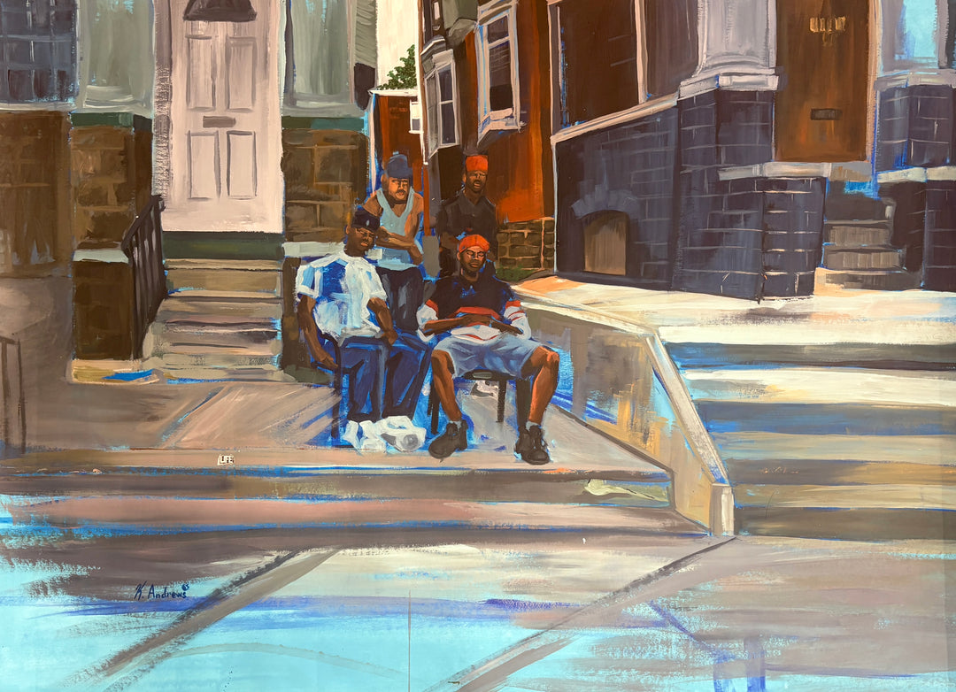 friends chilling hanging out on front porch stoop photo series in acrylic by keith andrews figurative portrait expressionism