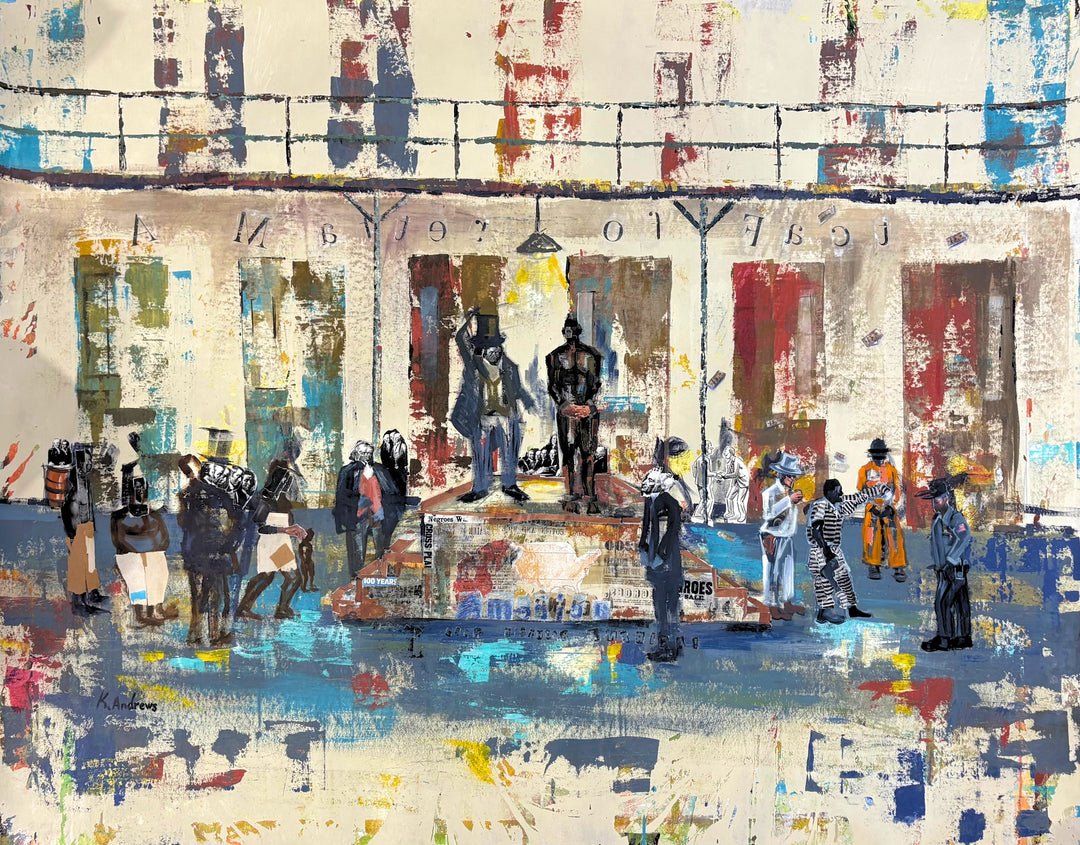 Keith Andrews, Untitled Jail Scene, acrylic and collage on parachute cloth, 48 x 60 inches. Painted figures stand on a blue floor in front of a cream cell block with red, blue and green doors and an upper railing. At center, a man in a top hat and a dark standing figure stand on a raised platform covered in collaged newspaper text.