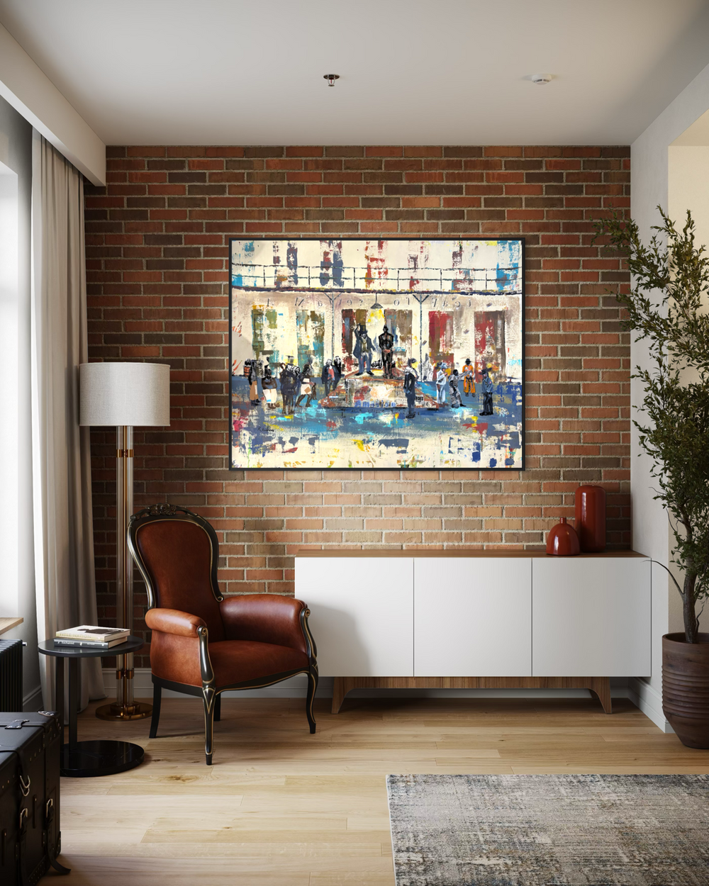 Keith Andrews, Untitled Jail Scene, acrylic and collage on parachute cloth, 48 x 60 inches, shown framed on an exposed brick wall above a white sideboard, beside a brown leather armchair, a floor lamp and a potted olive tree.