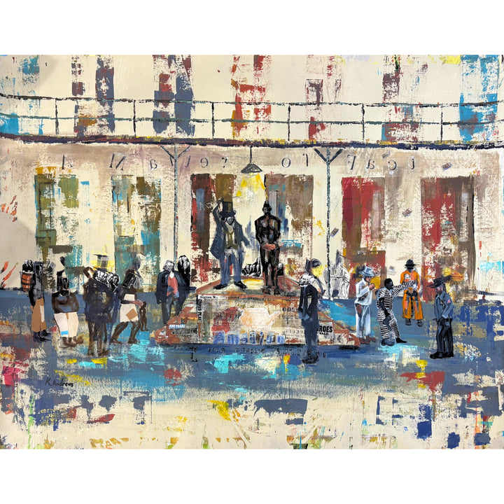 Keith Andrews, Untitled Jail Scene, acrylic and collage on parachute cloth, 48 x 60 inches. Groups of figures in a cell block setting surround a central collaged platform where a man in a top hat stands beside a dark figure. The palette is cream, blue, red and ochre.