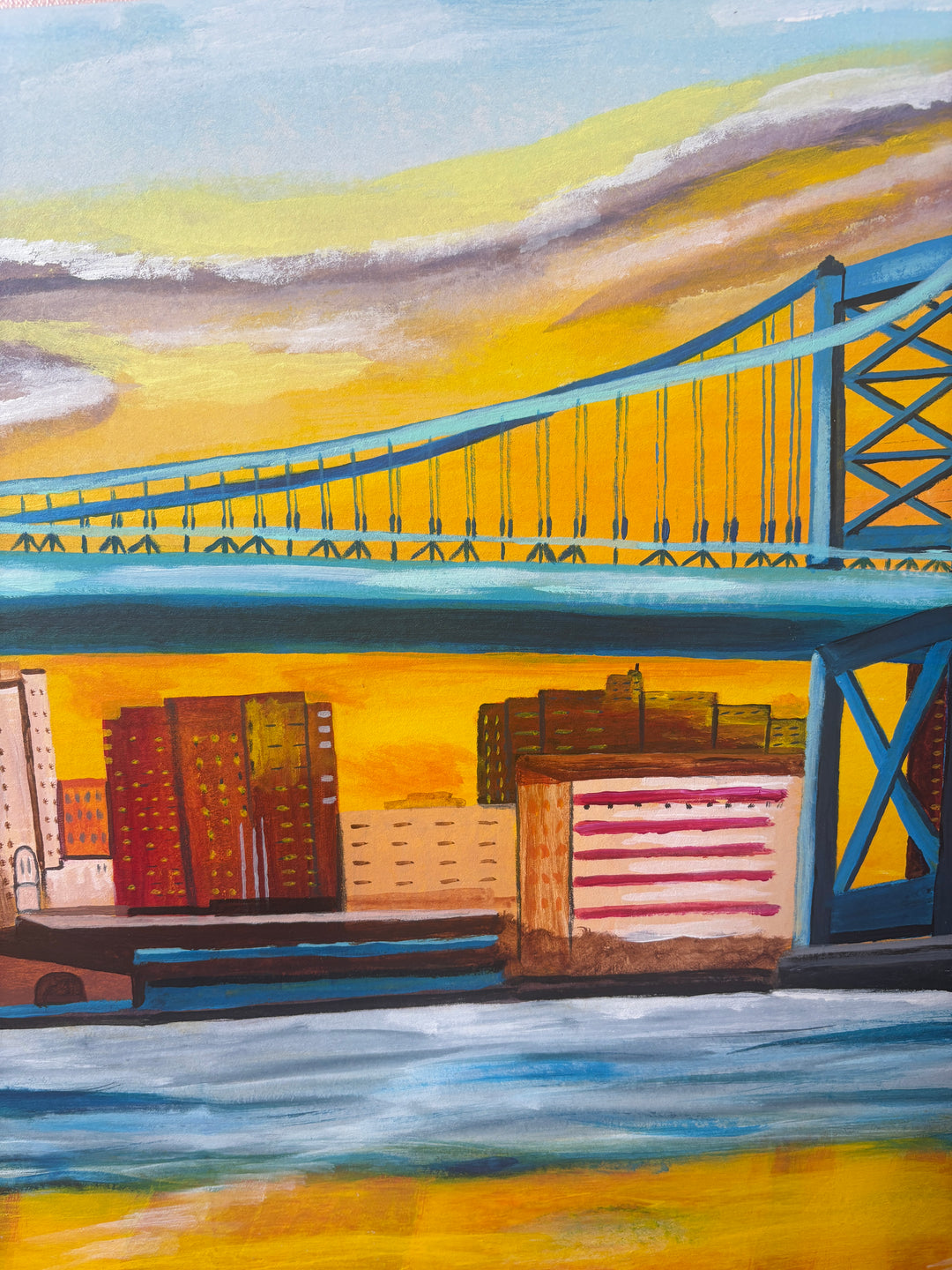 bright yellow orange red tone skyline philadelphia ben franklin bridge river new jersey landscape city urban in acrylic paint