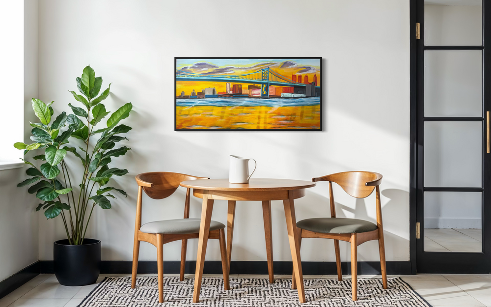 bright yellow orange red tone skyline philadelphia ben franklin bridge river new jersey landscape city urban in acrylic paint