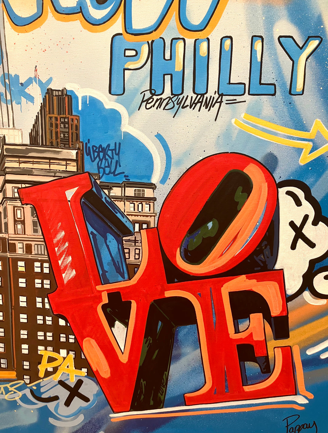 "Up to the Sky" by Pappay — a vibrant street art-inspired painting on canvas depicting Philadelphia&