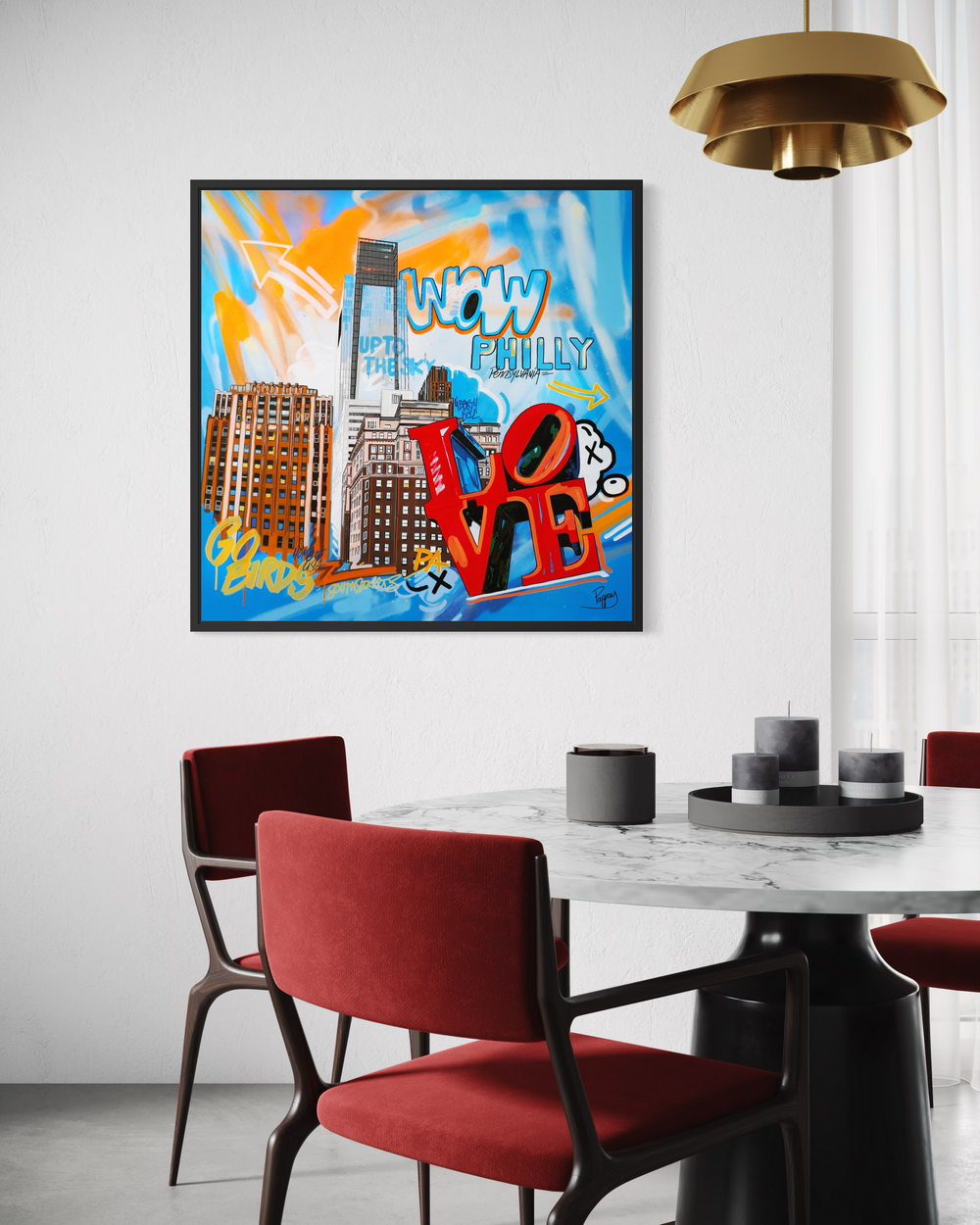 "Up to the Sky" by Pappay — a vibrant street art-inspired painting on canvas depicting Philadelphia's skyline featuring the Comcast Technology Center and the iconic LOVE sculpture amid explosive blue and orange graffiti lettering reading "WOW Philly," "Go Birds," "South Street," and "Pennsylvania." A bold, joyful celebration of Philadelphia culture and identity. Original contemporary Philadelphia street art pop art painting on canvas available at Morton Contemporary gallery.