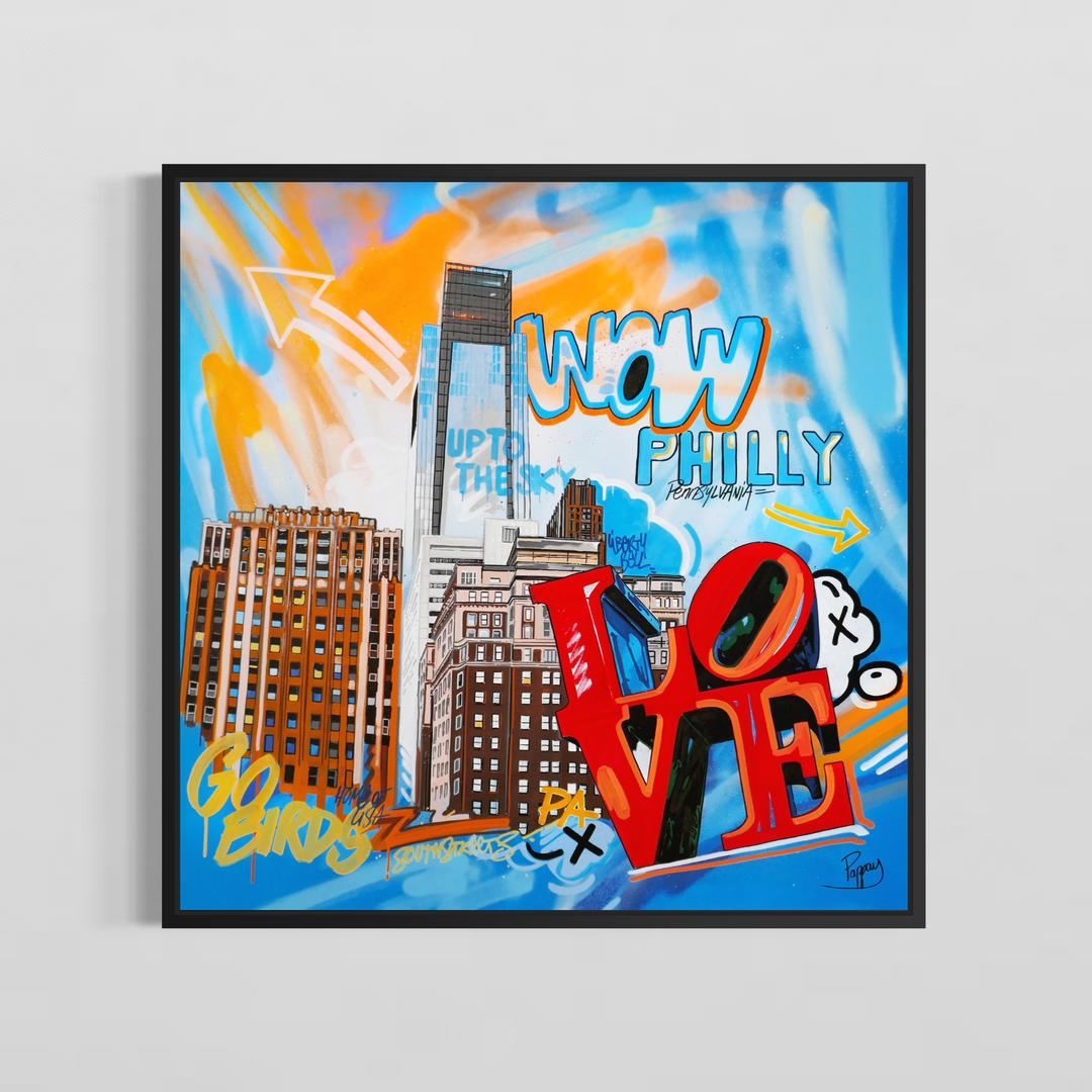 "Up to the Sky" by Pappay — a vibrant street art-inspired painting on canvas depicting Philadelphia&