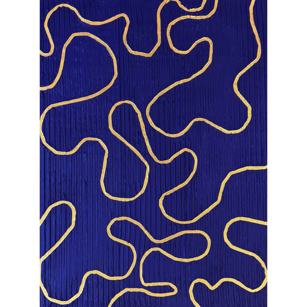Lee in Cerulean, Vaste Wilderness, joint compound and acrylic paint on canvas, 48 x 36 inches. Textured painting with a deep blue background of fine vertical ridges covered by continuous looping gold lines forming irregular rounded shapes.