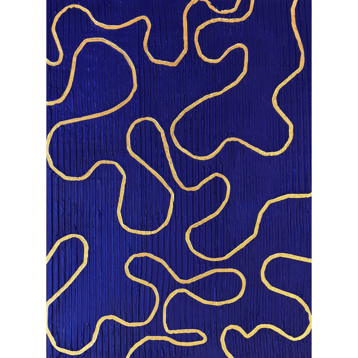Lee in Cerulean, Vaste Wilderness, joint compound and acrylic paint on canvas, 48 x 36 inches. Textured painting with a deep blue background of fine vertical ridges covered by continuous looping gold lines forming irregular rounded shapes.