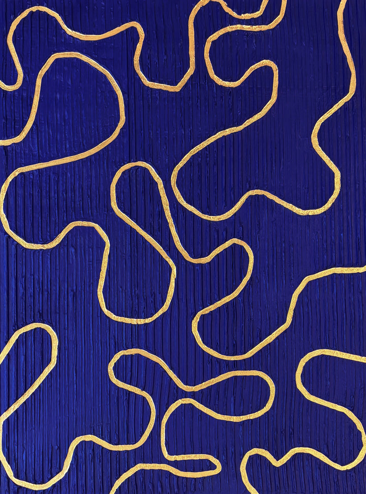 Lee in Cerulean, Vaste Wilderness, joint compound and acrylic paint on canvas, 48 x 36 inches. Detail of raised gold looping lines over a deep blue surface of fine vertical ridges.
