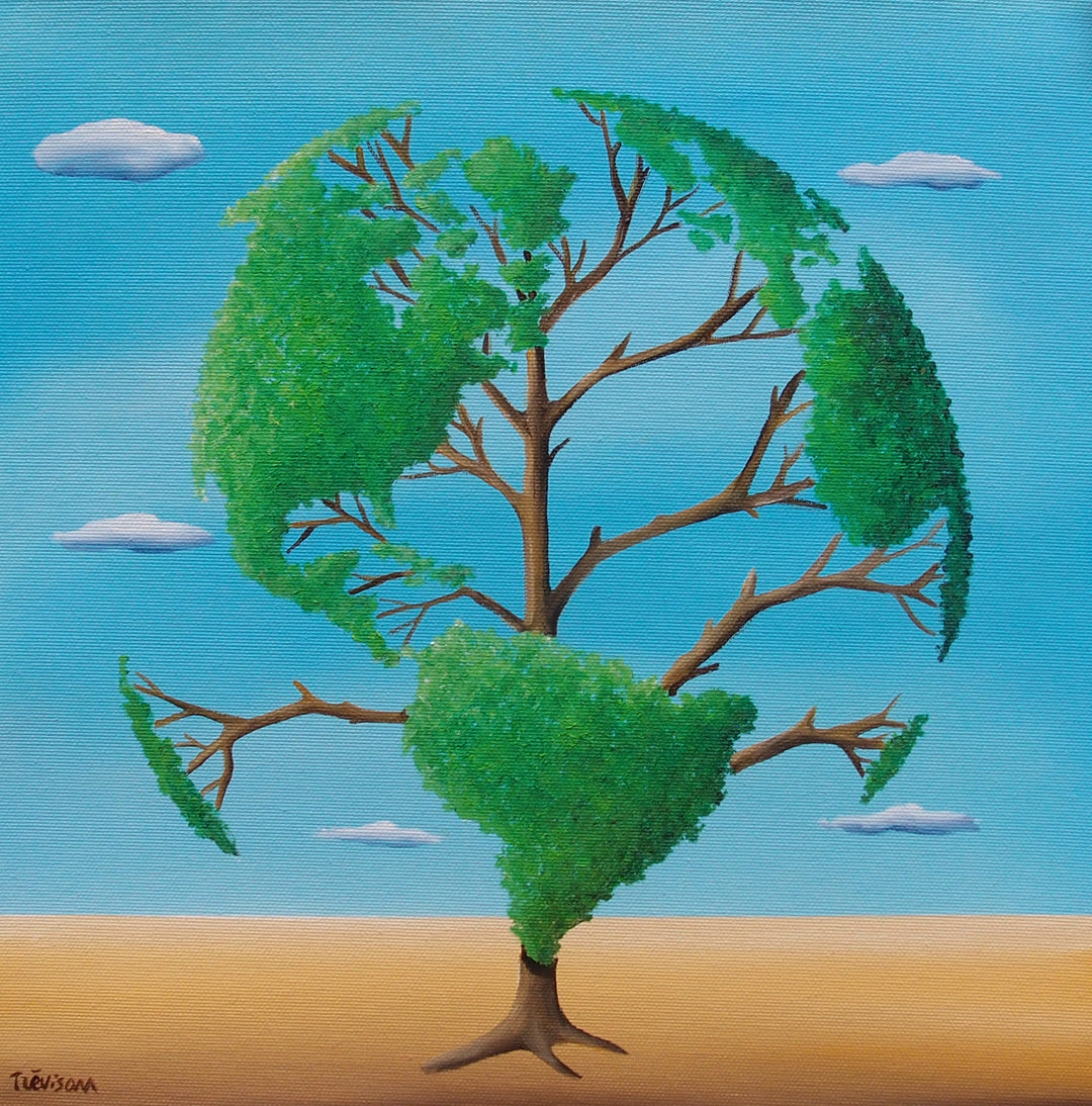 "Vegetable American Earth" by Italian artist Carlo Trevisan — a surrealist oil painting on canvas depicting a tree whose lush green canopy is sculpted into the shape of a world map, rooted in sandy desert earth beneath a bright blue sky with floating clouds. The powerful environmental composition merges nature and global geography in a vivid call for ecological awareness. Original contemporary surrealist environmental earth art painting on canvas available at Morton Contemporary gallery.