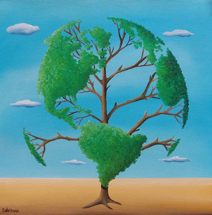 "Vegetable American Earth" by Italian artist Carlo Trevisan — a surrealist oil painting on canvas depicting a tree whose lush green canopy is sculpted into the shape of a world map, rooted in sandy desert earth beneath a bright blue sky with floating clouds. The powerful environmental composition merges nature and global geography in a vivid call for ecological awareness. Original contemporary surrealist environmental earth art painting on canvas available at Morton Contemporary gallery.