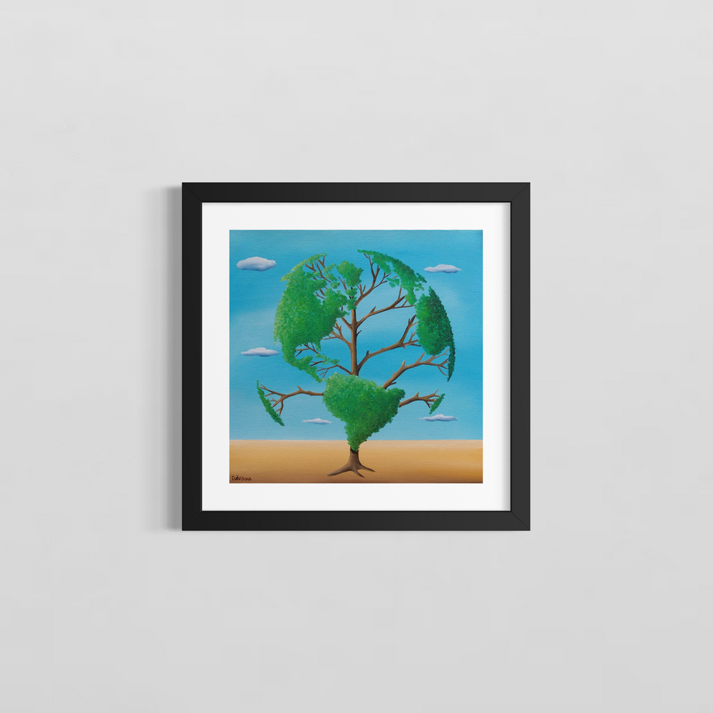 "Vegetable American Earth" by Italian artist Carlo Trevisan — a surrealist oil painting on canvas depicting a tree whose lush green canopy is sculpted into the shape of a world map, rooted in sandy desert earth beneath a bright blue sky with floating clouds. The powerful environmental composition merges nature and global geography in a vivid call for ecological awareness. Original contemporary surrealist environmental earth art painting on canvas available at Morton Contemporary gallery.