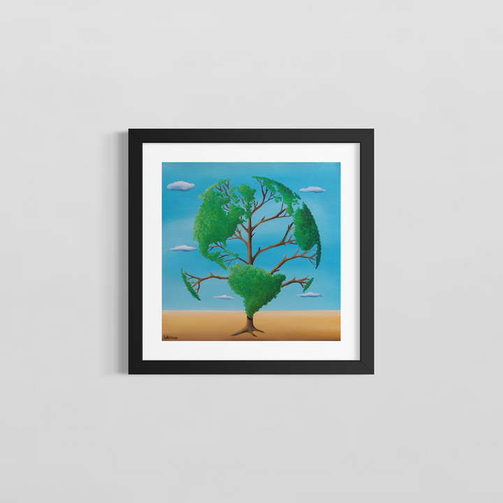 "Vegetable American Earth" by Italian artist Carlo Trevisan — a surrealist oil painting on canvas depicting a tree whose lush green canopy is sculpted into the shape of a world map, rooted in sandy desert earth beneath a bright blue sky with floating clouds. The powerful environmental composition merges nature and global geography in a vivid call for ecological awareness. Original contemporary surrealist environmental earth art painting on canvas available at Morton Contemporary gallery.