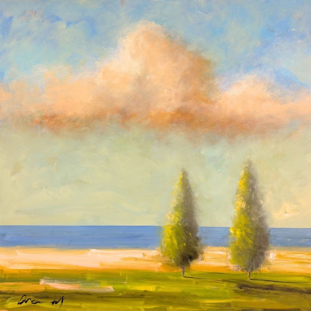 surreal soft landscape of trees and pastel sky with clouds horizontal painting