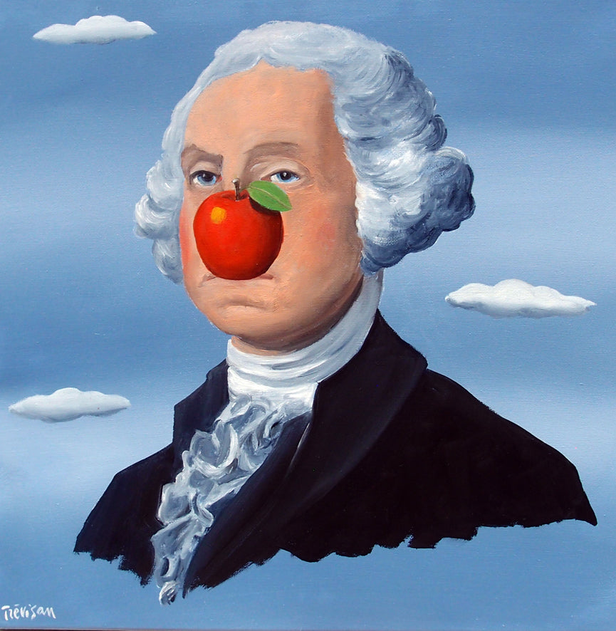 "Washington's Think" by Italian artist Carlo Trevisan — a surrealist oil painting on canvas depicting George Washington in colonial-era attire with a vivid red apple replacing his nose, set against a Magritte-inspired blue sky with floating clouds. The deadpan portrait playfully reimagines America's first president with wit and surrealist humor. Original contemporary surrealist pop art painting on canvas available at Morton Contemporary gallery.