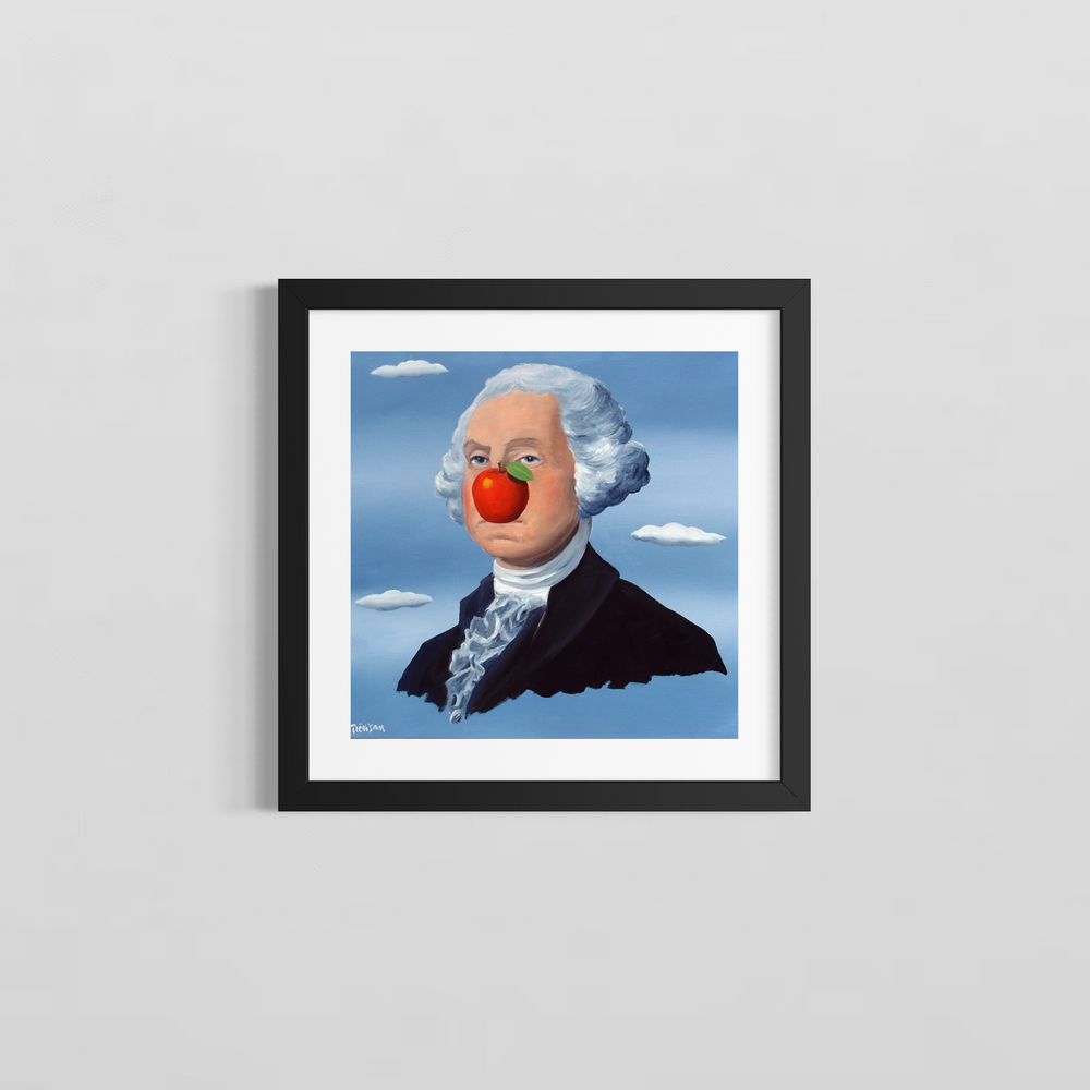 "Washington's Think" by Italian artist Carlo Trevisan — a surrealist oil painting on canvas depicting George Washington in colonial-era attire with a vivid red apple replacing his nose, set against a Magritte-inspired blue sky with floating clouds. The deadpan portrait playfully reimagines America's first president with wit and surrealist humor. Original contemporary surrealist pop art painting on canvas available at Morton Contemporary gallery.