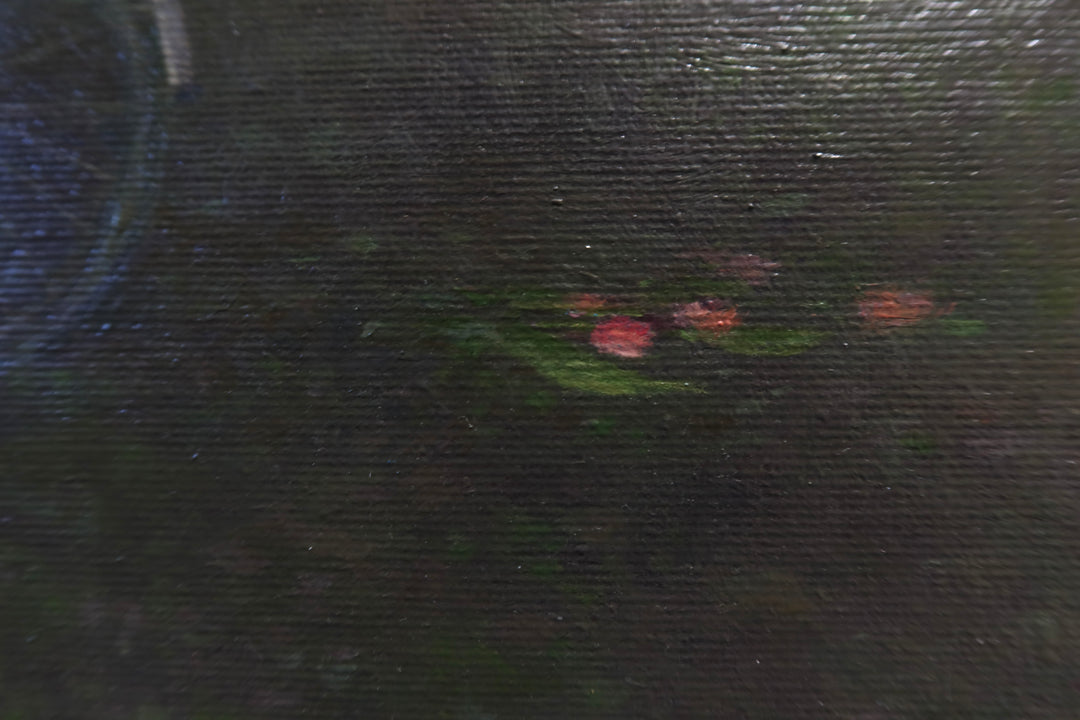 Girl in red shirt and hat riding bike with flowers in back through dark wooded green area shadows and slivers of light showing between trees oil landscape nature painting