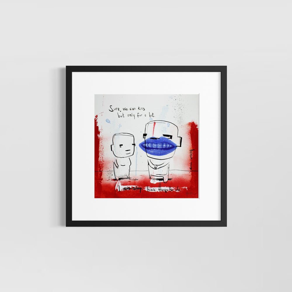 Comic doodle illustration in ink with red and blue line drawing figures funny humor 