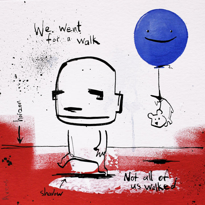 doodle figure in black ink with text and doodle of dog floating from blue balloon on red ground ,white background by jan hein arens