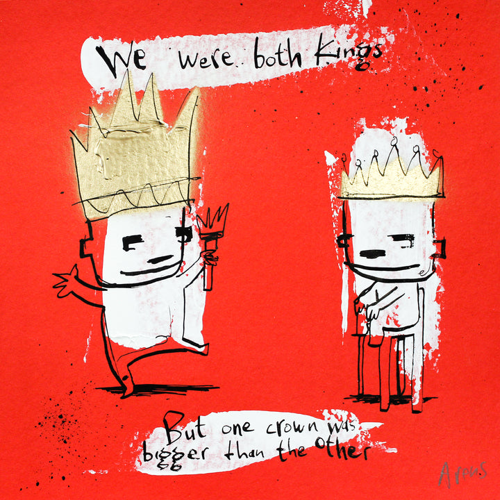 doodles in ink of two figures wearing gold crowns on red background and satirical text by jan hein arens