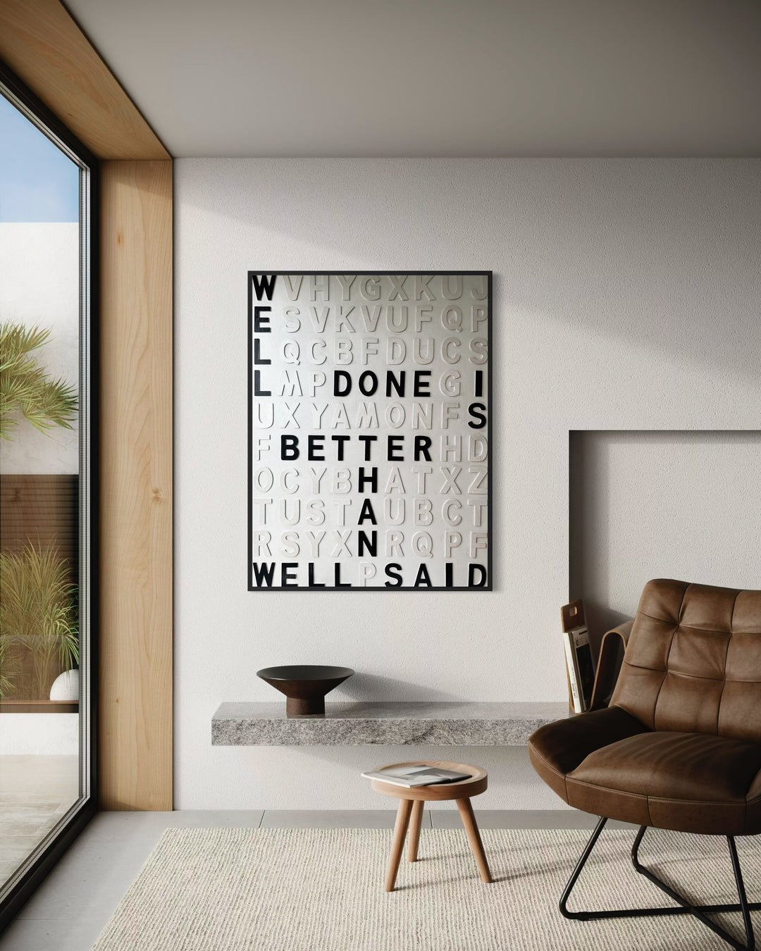 Contemporary 3D text artwork by Chicago artist Steffanie Gerkin titled Well Done 3D, featuring raised black and white wood letters arranged in a structured alphabet grid on a white canvas. The monochrome typographic composition spells the phrase “Well Done Is Better Than Well Said,” creating a bold conceptual wall art piece with graphic text-based design, pop art influence, and contemporary mixed-media style.