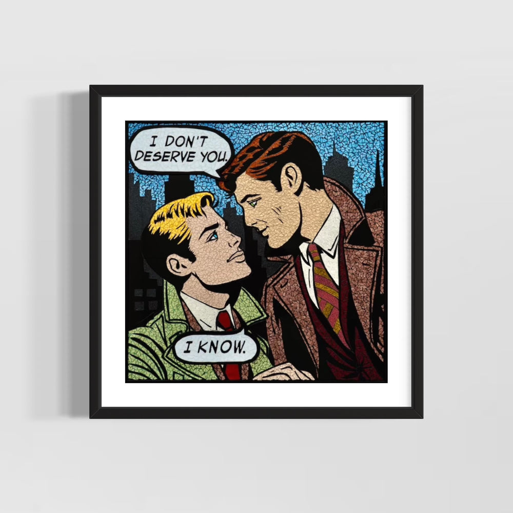 limited edition stain glass mosaic giclee print hand embellished with glitter  text bubble comic style retro vintage two men looking into each others eyes in suit jacket and ties on cityscape background blonde and ginger man