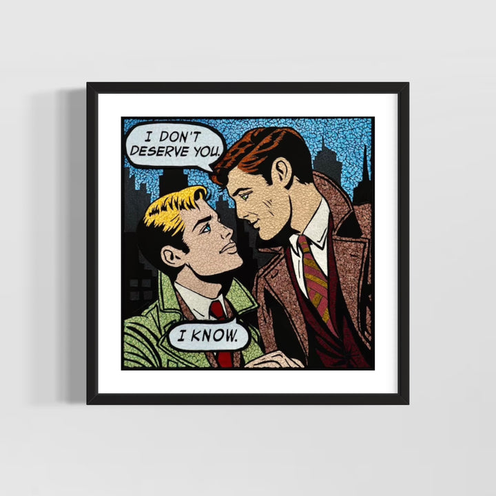 limited edition stain glass mosaic giclee print hand embellished with glitter  text bubble comic style retro vintage two men looking into each others eyes in suit jacket and ties on cityscape background blonde and ginger man