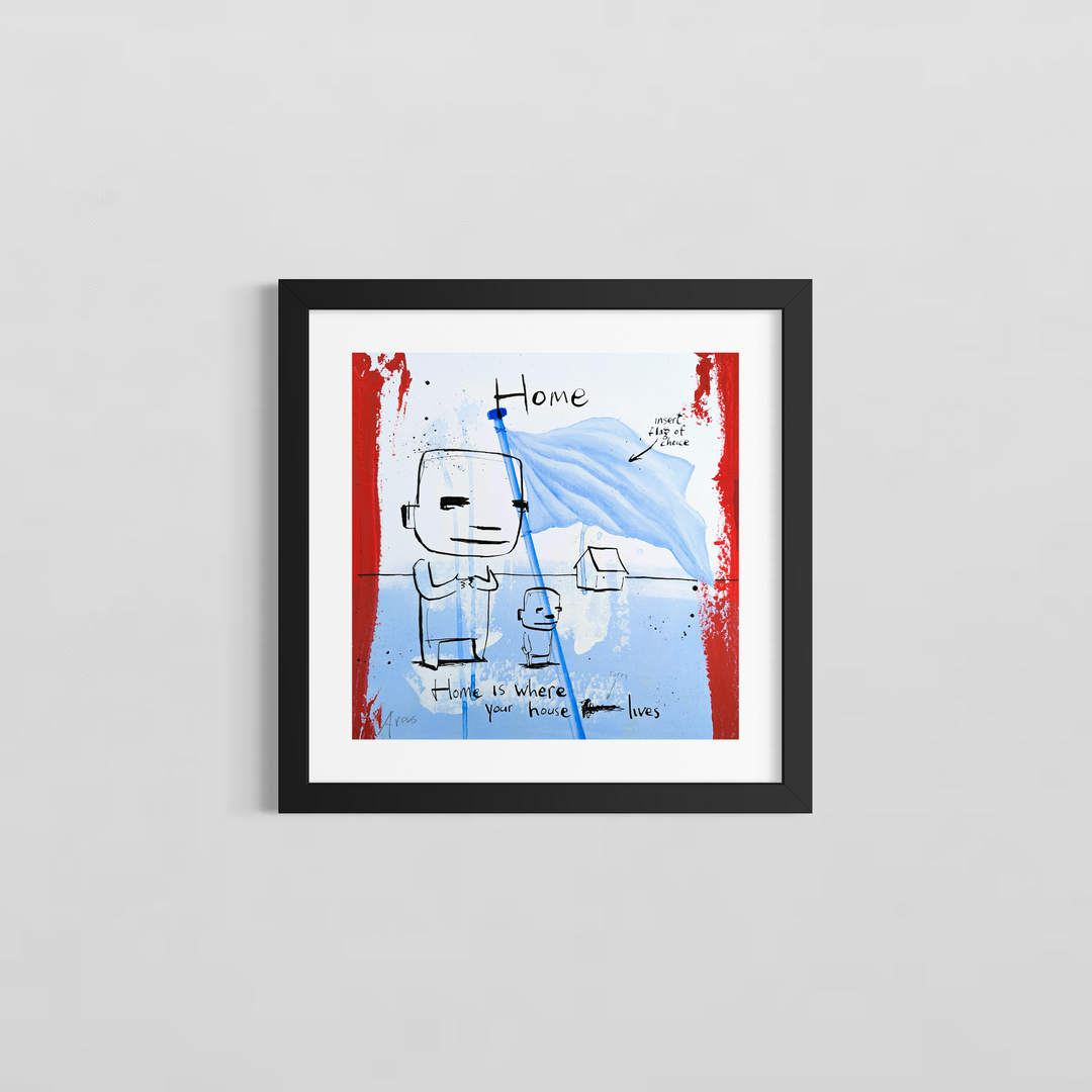 "Where Your House Lives" by Netherlands-based artist Jan-Hein Arens, an acrylic and ink on paper work featuring two whimsical cartoon-like figures standing beside a flowing blue flag labeled &