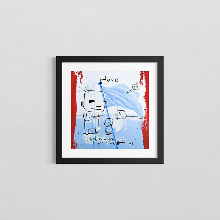 "Where Your House Lives" by Netherlands-based artist Jan-Hein Arens, an acrylic and ink on paper work featuring two whimsical cartoon-like figures standing beside a flowing blue flag labeled &