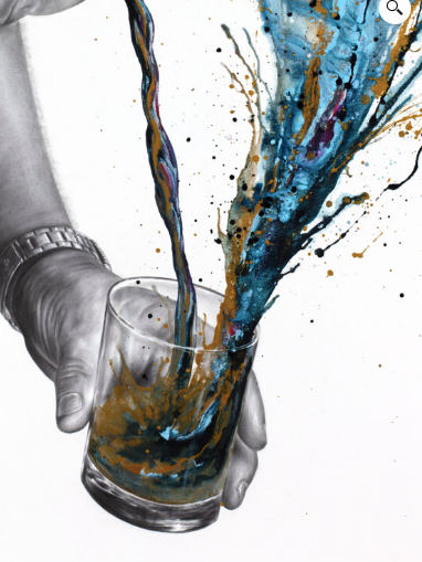 black and white realism arm hand pouring makers mark whisky into glass splatter paint expressionism in blue and gold