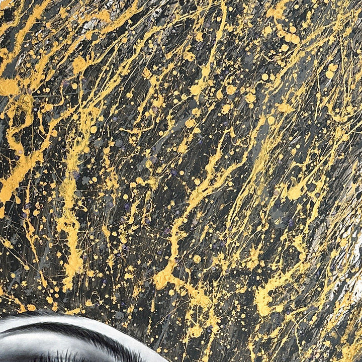 Woman flipping her hair, as golden and black paint splattered, high contrast painting