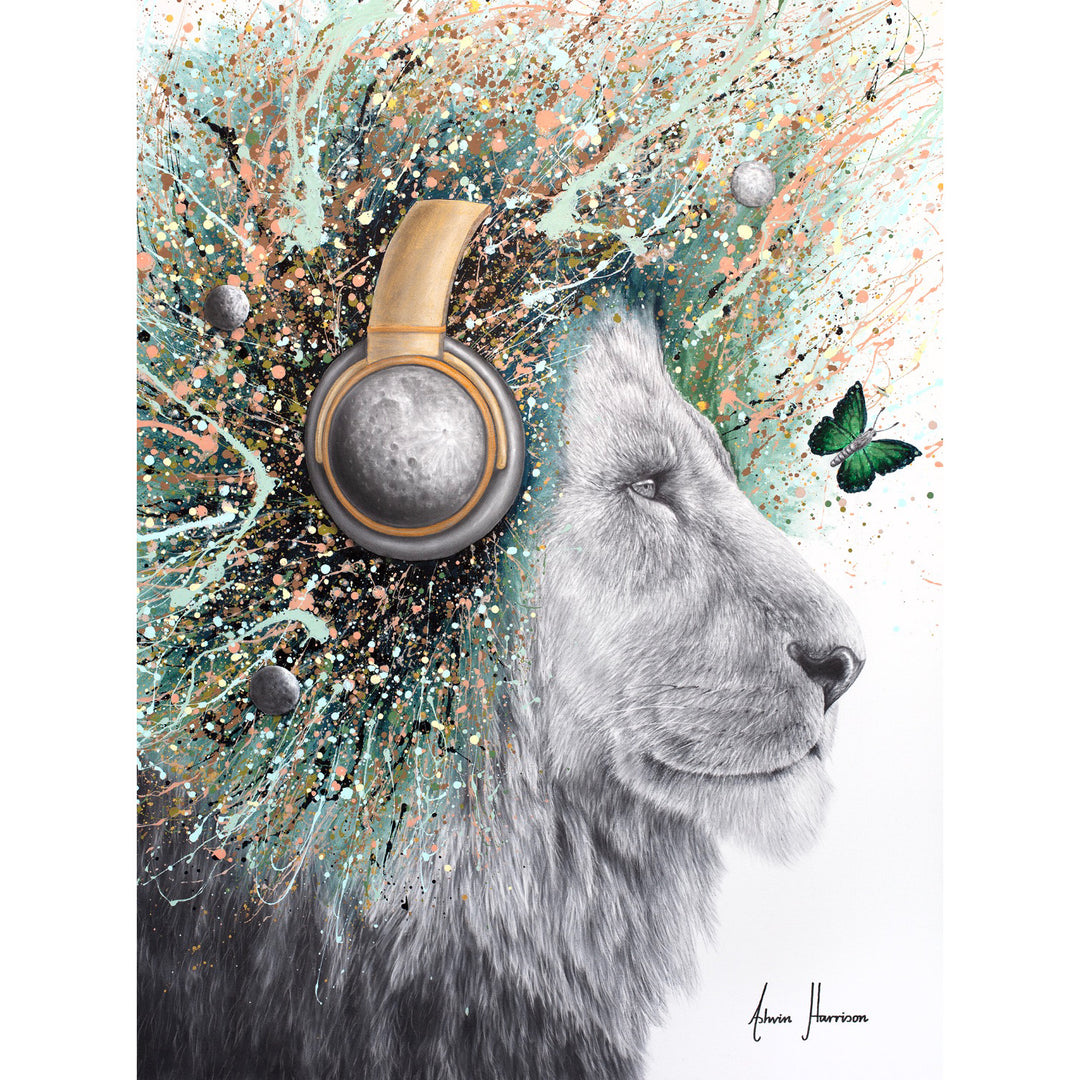 black and white lion in charcoal looking to the right wearing moon headphones and splattered lions hair mane and small moon illustration in teal blue pink pastel acrylic splashes and green butterflies on white background