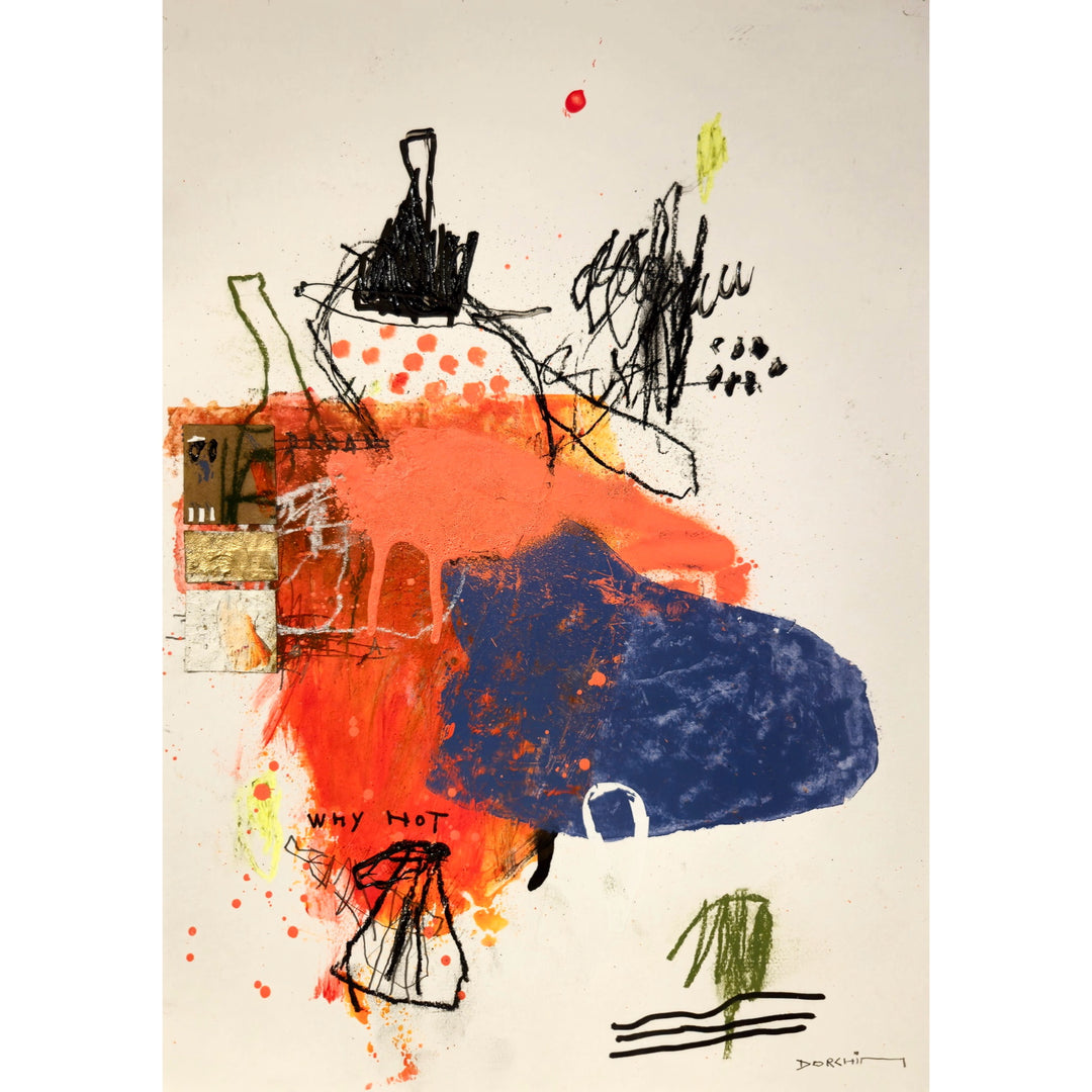 Abstract mixed media artwork on paper by Laurent Dorchin in black, pink, red, blue and white. Organic linework and minimal illustrations with collage and text elements.