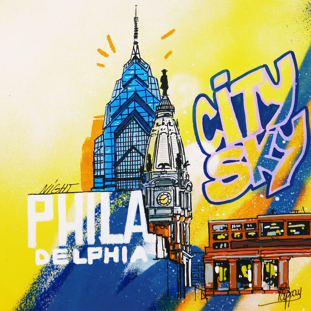 city hall and skyscraper buildings with graffiti text on yellow spray paint background and blue