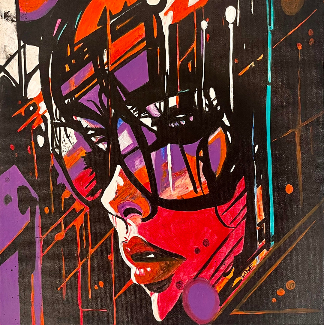 Windows Down, an original acrylic painting by Suave Gonzalez depicting a close-up figurative portrait with energetic drips, diagonal brushwork, and a saturated palette of orange, red, and purple. A striking figurative painting presented by Morton Contemporary Gallery.