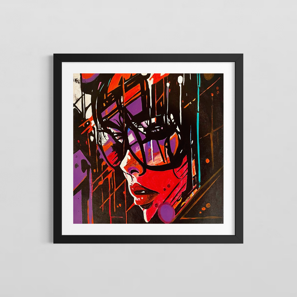 Windows Down, an original acrylic painting by Suave Gonzalez depicting a close-up figurative portrait with energetic drips, diagonal brushwork, and a saturated palette of orange, red, and purple. A striking figurative painting presented by Morton Contemporary Gallery.