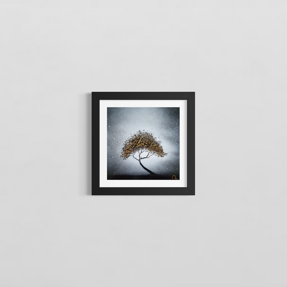 Single tree on an angle with small golden leaves. Black and White Chinese lacquer and gold leaf painting created by artist Julien Rey in 2026. 