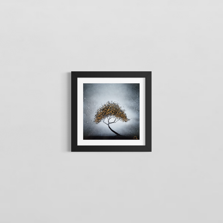 "Winter Tree" by French artist Julien Rey — a mixed-media painting of a solitary tree crafted with Chinese lacquer and gold leaf on canvas. A gracefully curved black trunk supports a luminous canopy of gold leaf and dark lacquer, set against a soft silver-gray atmospheric background with delicate white droplets evoking snow or mist. A contemplative, minimalist composition balancing strength and fragility. Original contemporary botanical painting available at Morton Contemporary gallery.