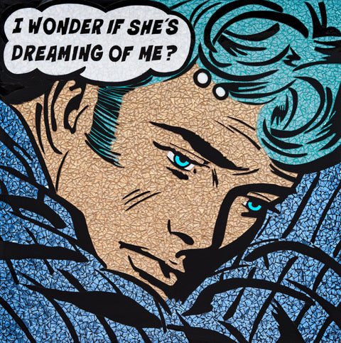 Man with blue hair and eyes lying awake in blue bed sheets with thought bubble in comic retro vintage style glass mosaic print