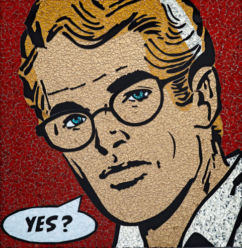 man with blonde yellow hair close up and round glasses looking at viewer, speech bubble text comic on red stained glass mosaic background
