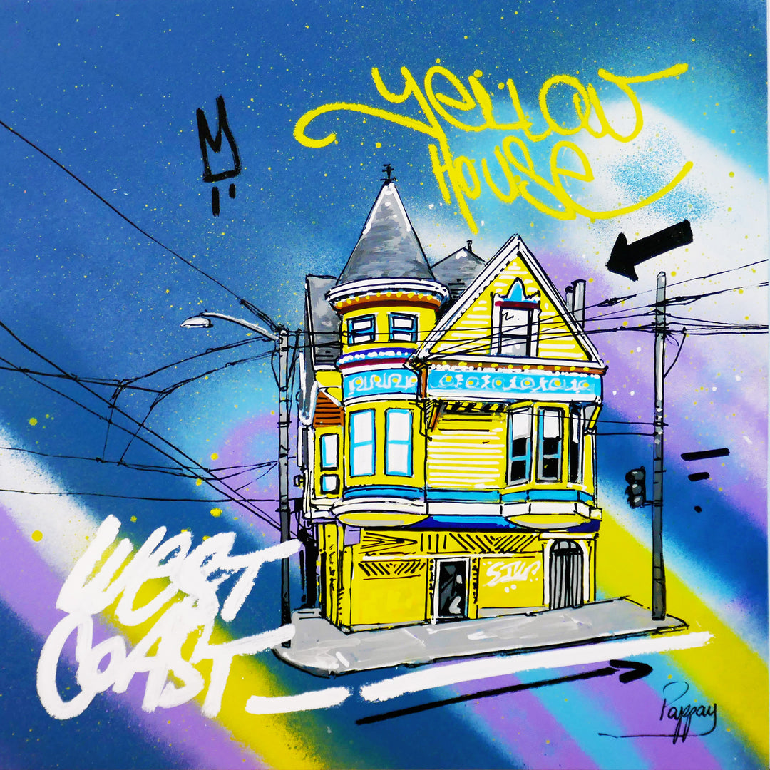 west coast little yellow house on street graphic illustration on spray paint blue background