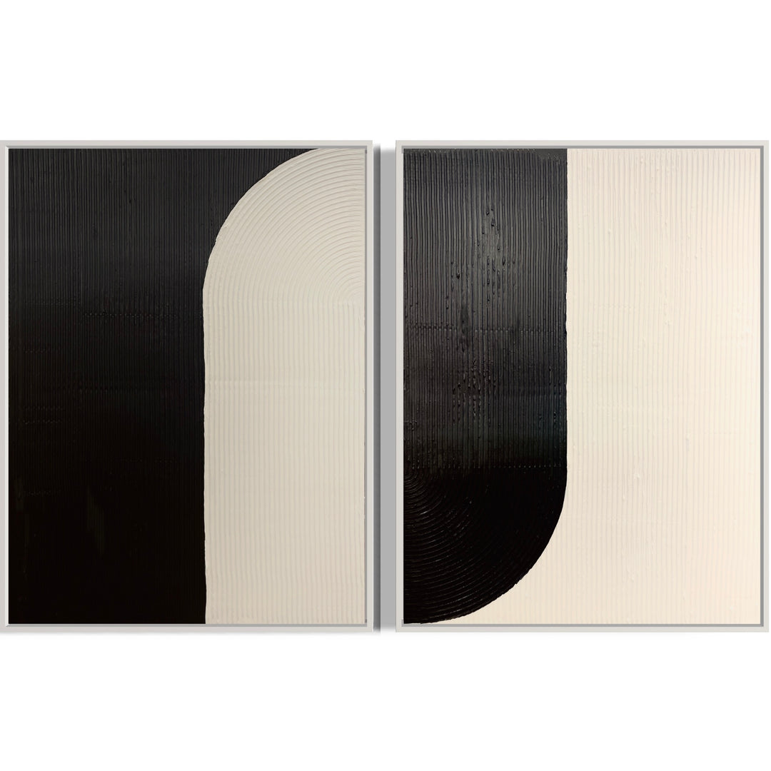 Yin + Yang by Lee in Cerulean. Diptych of textured paint in vertical lines, featuring white and black opposite arch shapes as yin & yang.