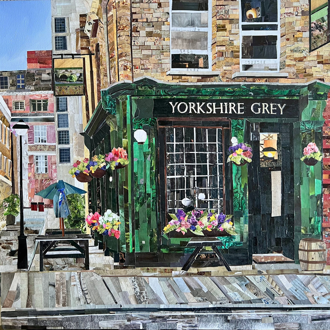 magazine cut paper collage art floral pub front green sign yorkshire grey united kingdom landmark cobblestone picnic table bench building