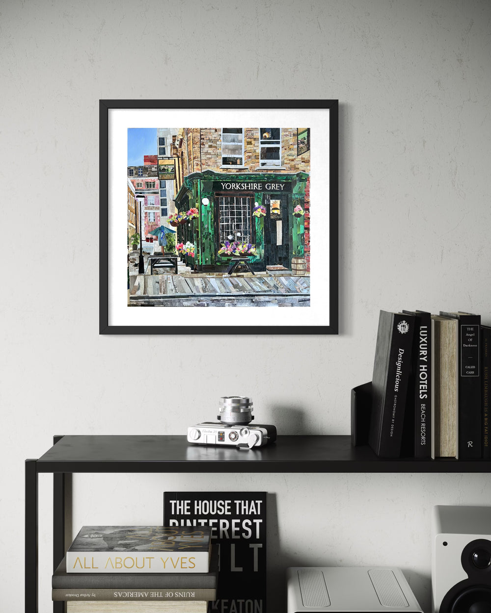 magazine cut paper collage art floral pub front green sign yorkshire grey united kingdom landmark cobblestone picnic table bench building